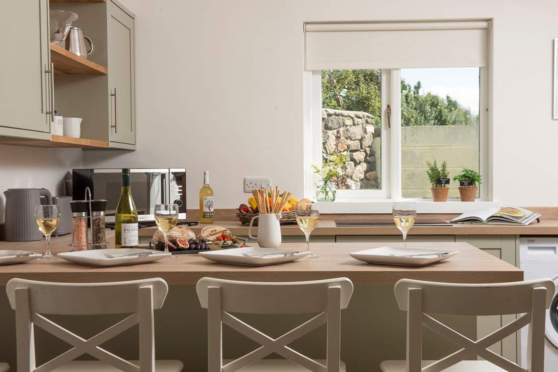 The kitchen window overlooks the private courtyard.