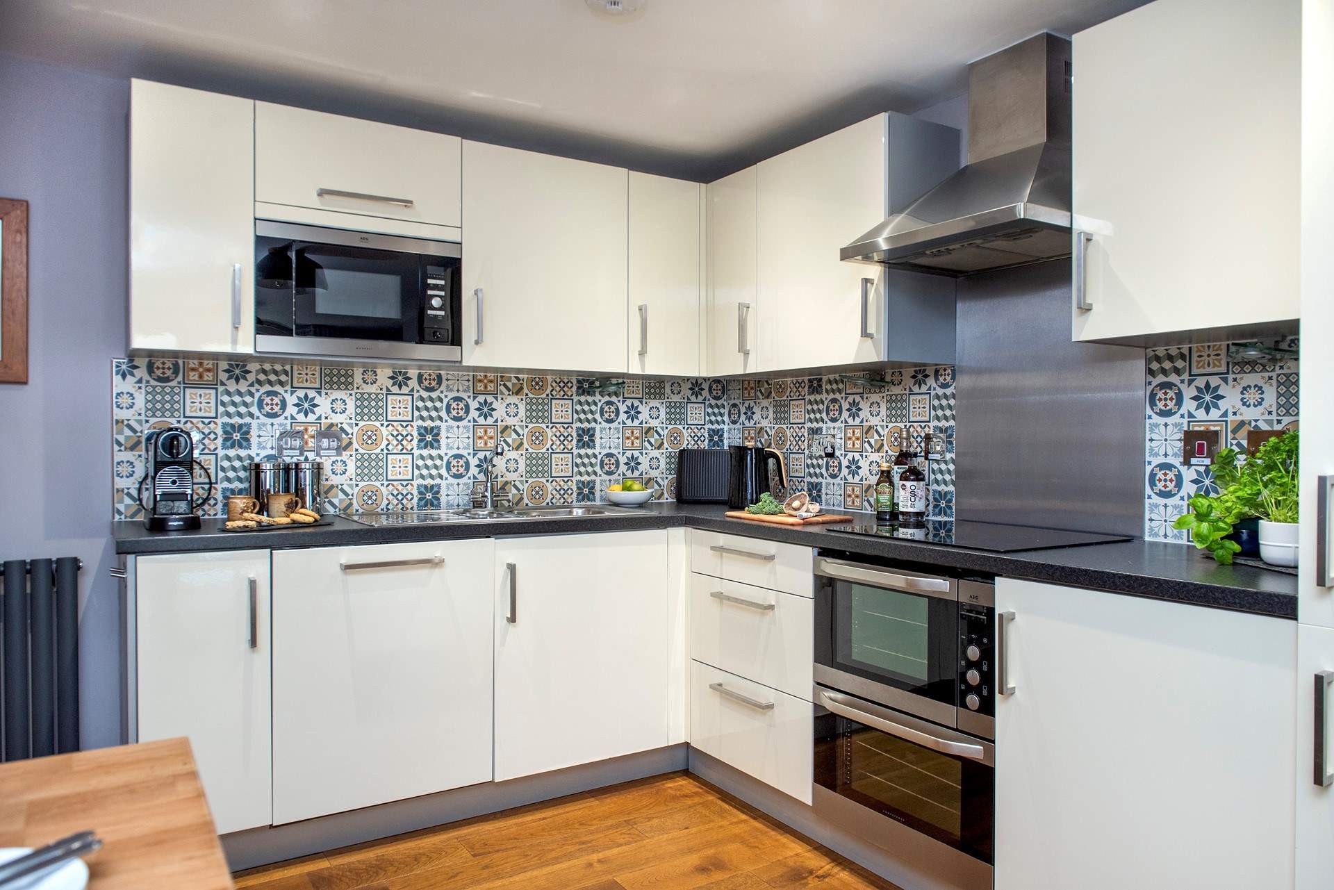 For a little kitchen, this one packs a punch, with everything you need including a coffee machine, for that important wake-me-up cuppa.