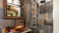The stylish bathroom has a luxurious waterfall shower.
