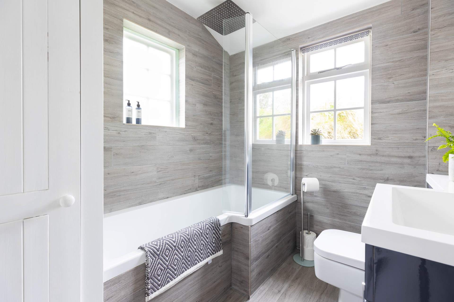 The gorgeous bathroom is on the ground floor.