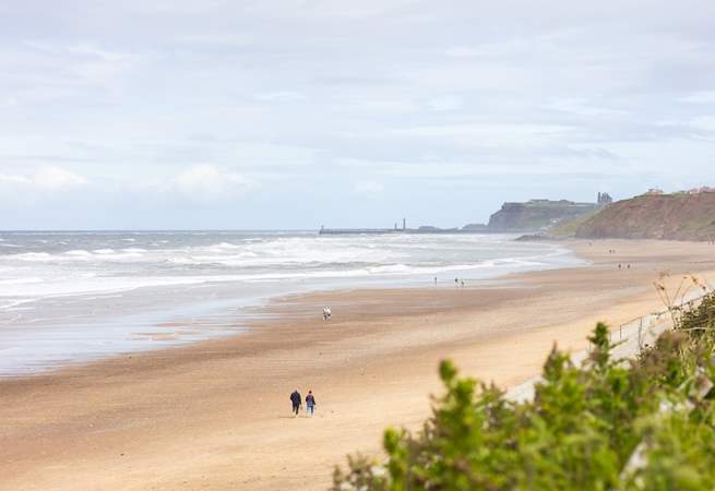 Iconic Whitby Abbey, as seen from Sandsend, sits on the cliffs looking over the town, walk along the piers or take a boat trip and look for Minke whales or dolphins.