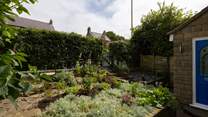 The front tiered garden is bursting with plants and flowers. 