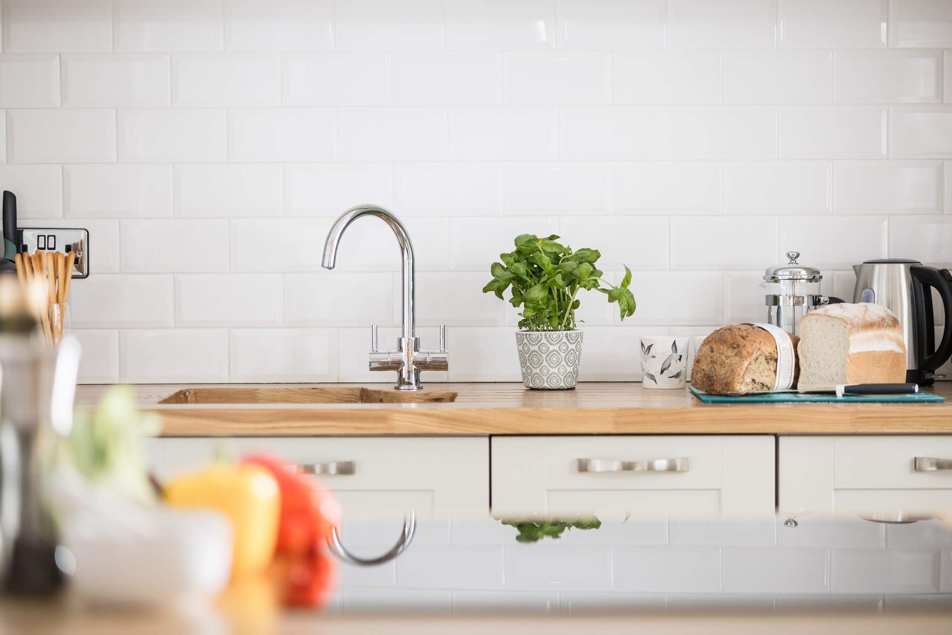 The chef will enjoy spending time in the pretty kitchen.