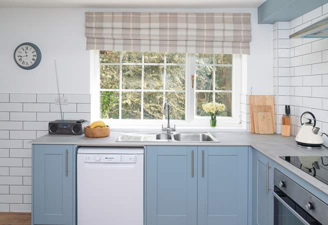 Light floods the sunny kitchen. 