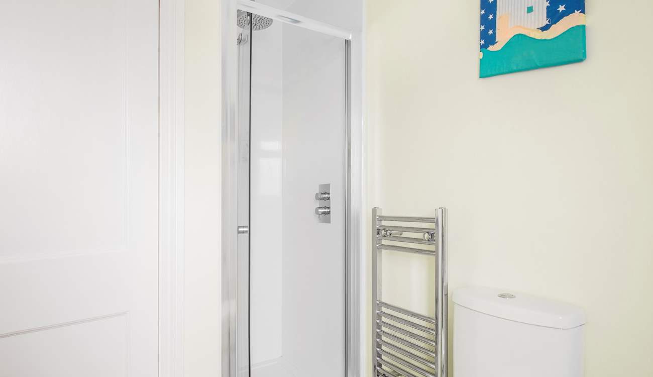 The bathroom has a separate shower cubicle. 