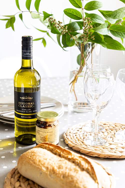 Kick back with a glass of wine and some treats.