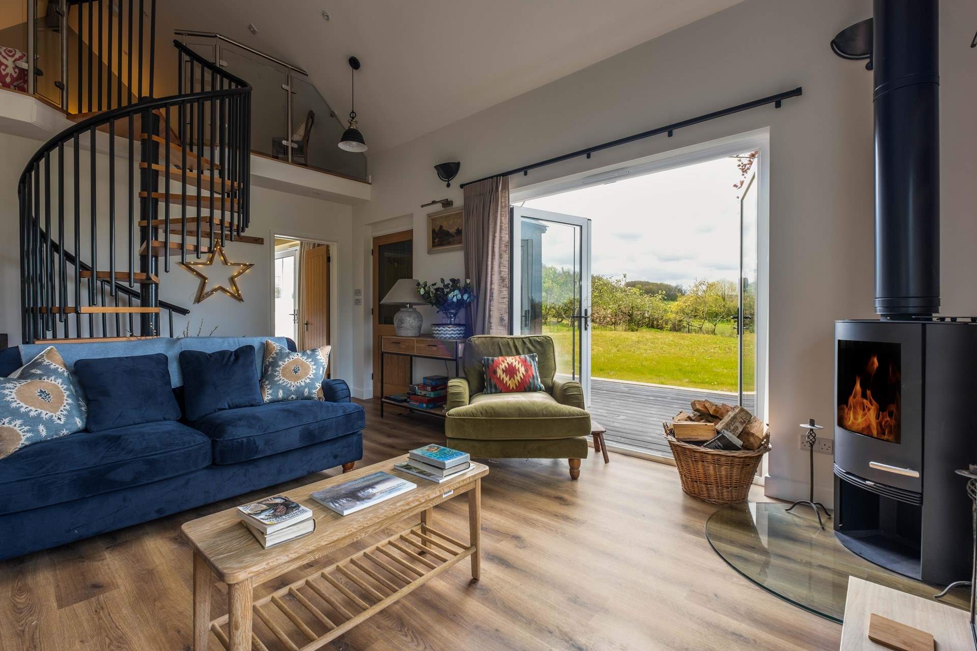 Spiral stairs lead to the mezzanine.
