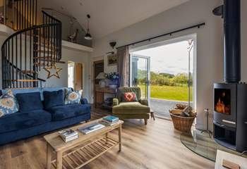 Spiral stairs lead to the mezzanine.