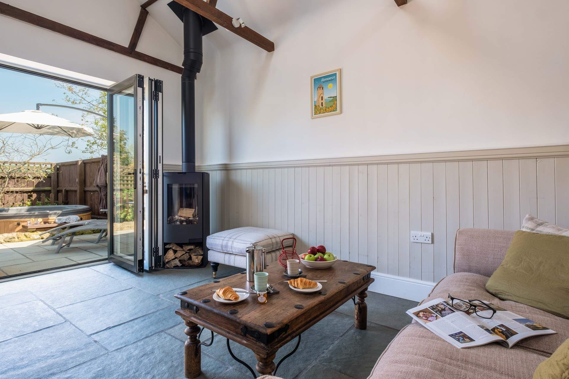 Pull back the doors onto your private patio area with hot tub.