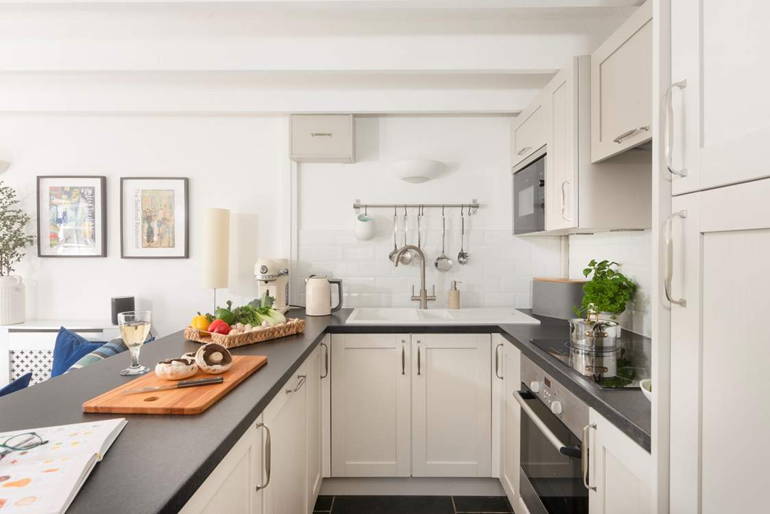 The stylish kitchen area.