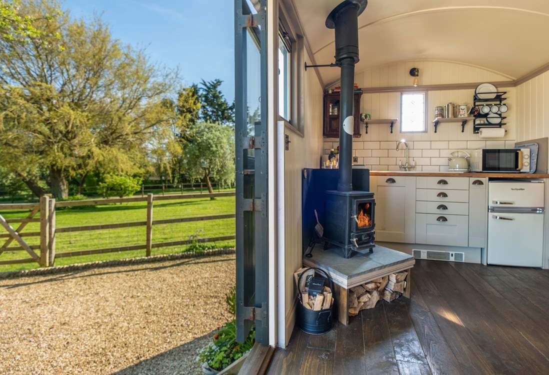 The double doors allow the natural light to stream through.