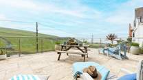 The bottom terrace offers views of the coast and glorious beach at Woolacombe.