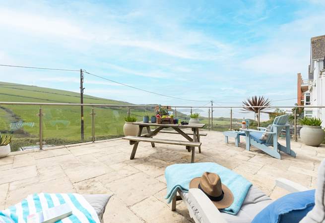 The bottom terrace offers views of the coast and glorious beach at Woolacombe.