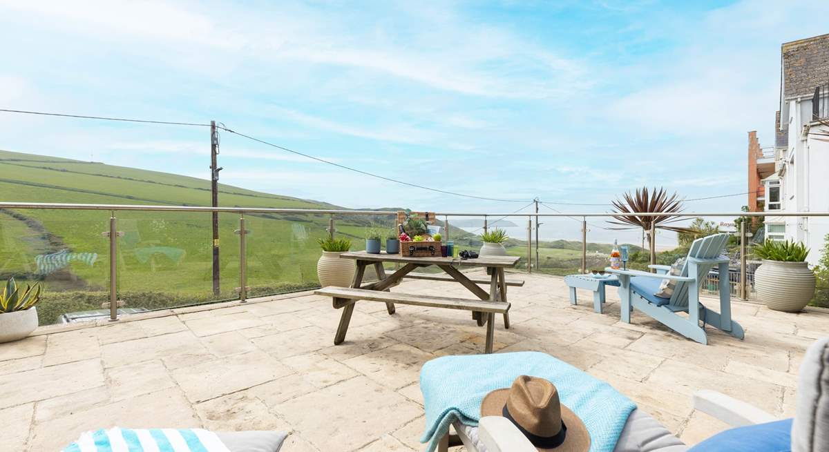 The bottom terrace offers views of the coast and glorious beach at Woolacombe.