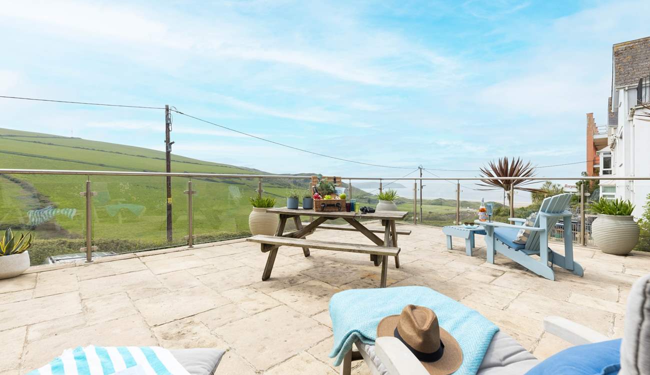 The bottom terrace offers views of the coast and glorious beach at Woolacombe.