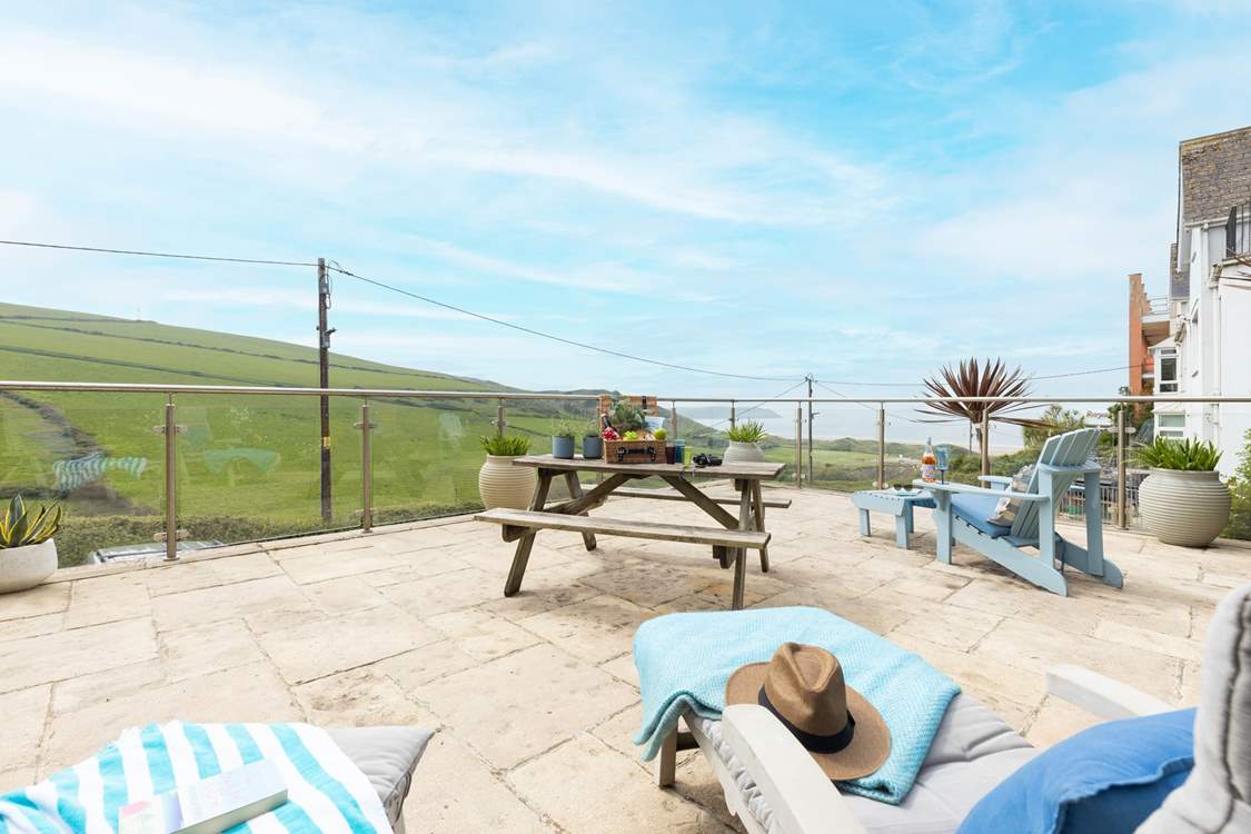The bottom terrace offers views of the coast and glorious beach at Woolacombe.