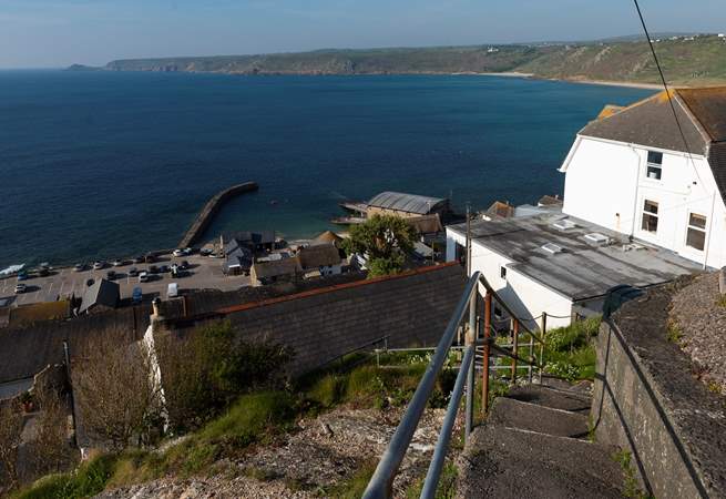 There are 26 steps down to this beautiful cottage, take care as they are steep, the path then leads down to the beach.