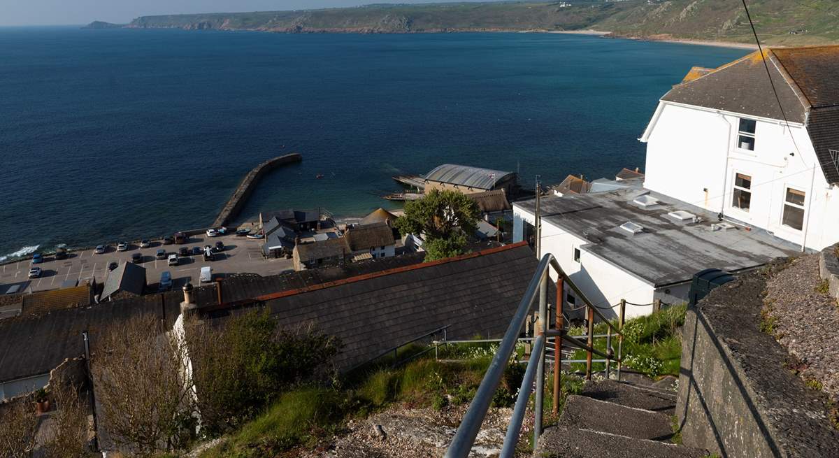 There are 26 steps down to this beautiful cottage, the path then leads down to the beach.