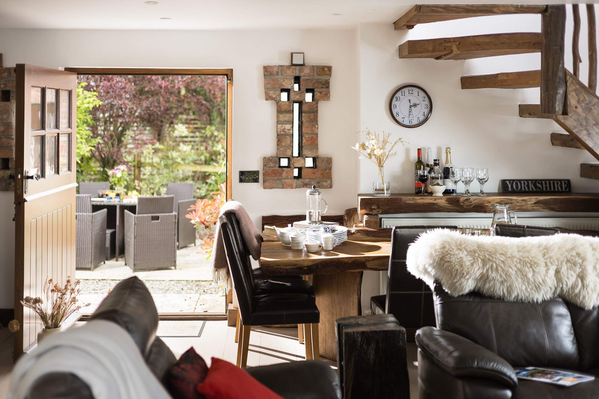 The sun streams into the living space.