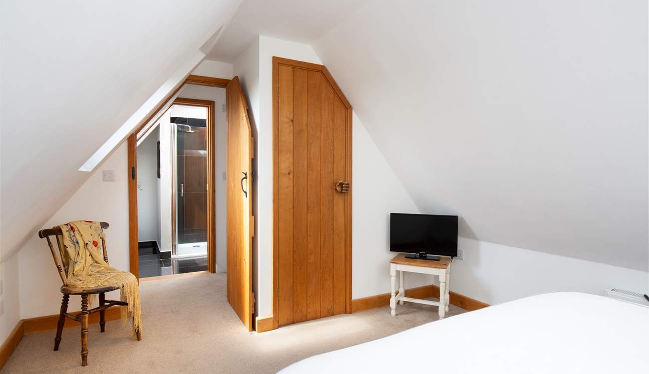 The bedroom has space to store clothes and a television.