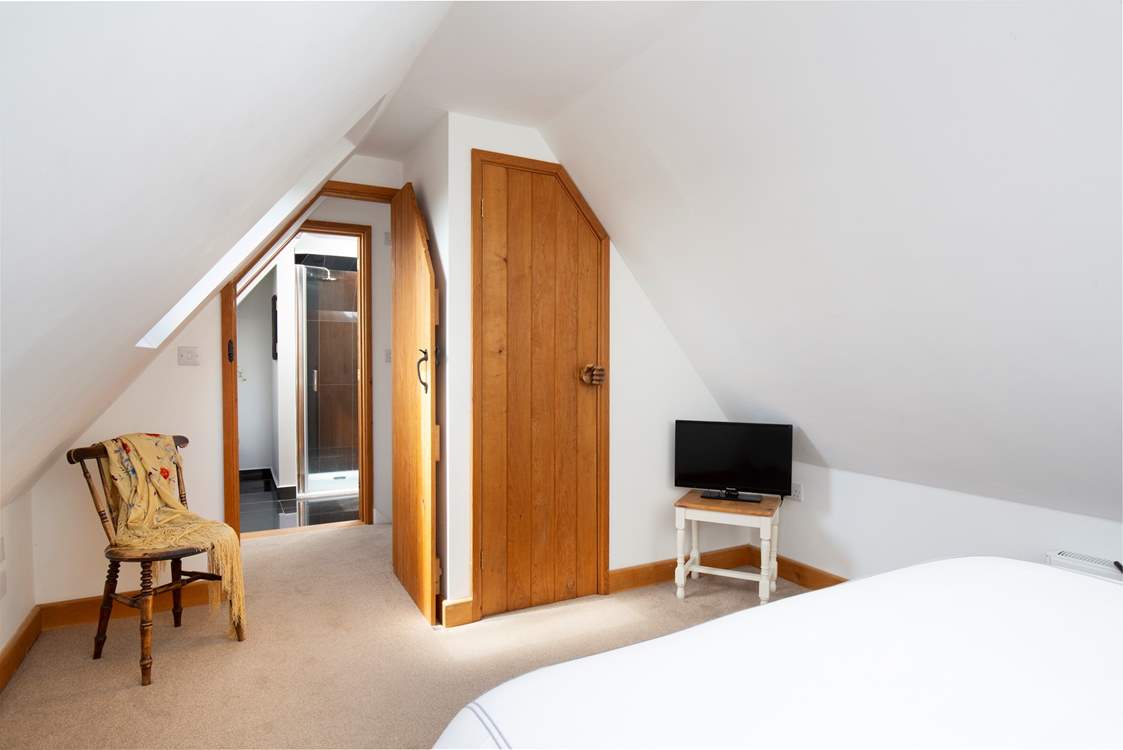 The bedroom has space to store clothes and a television.