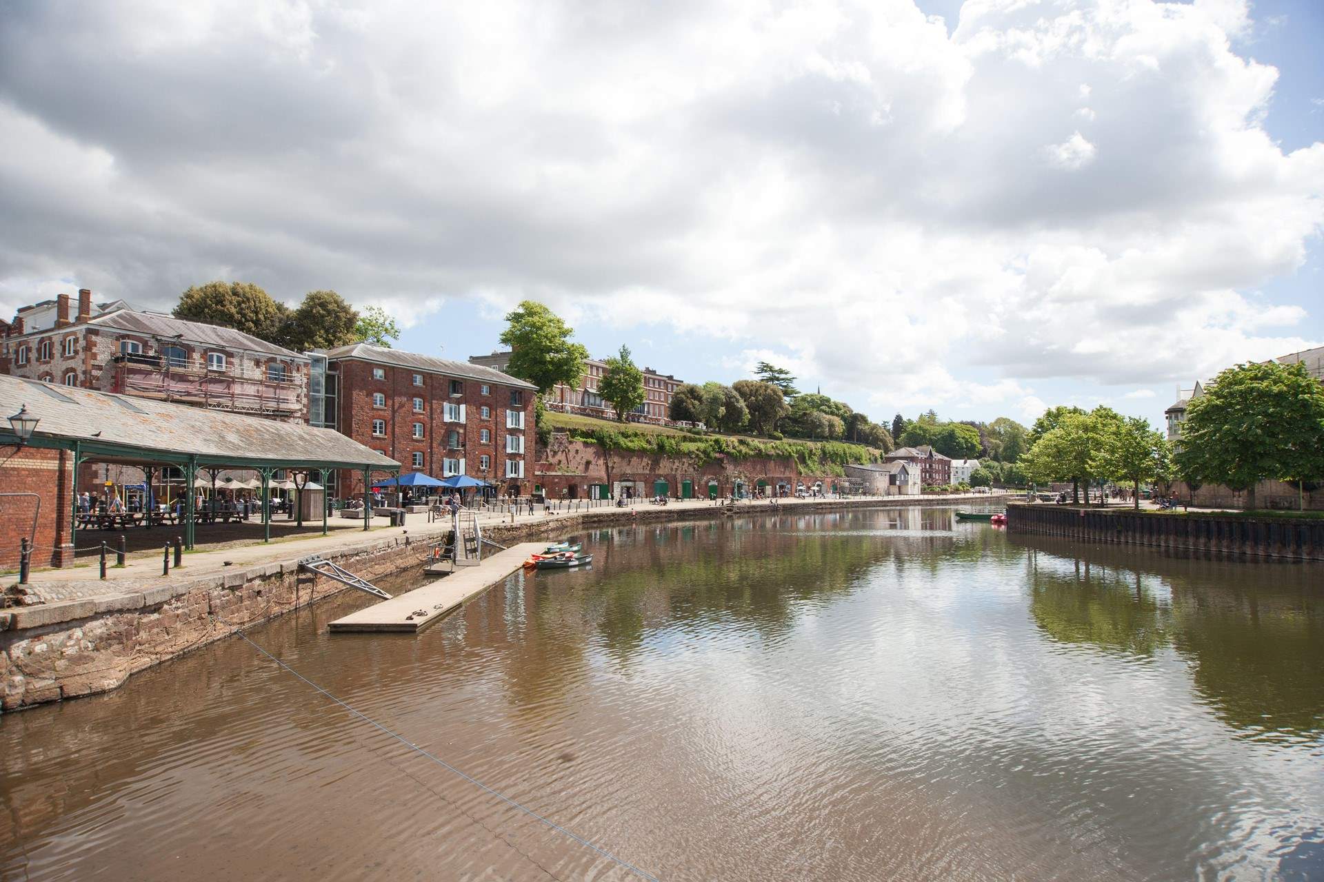 The quayside at Exeter has riverside restaurants and walks.