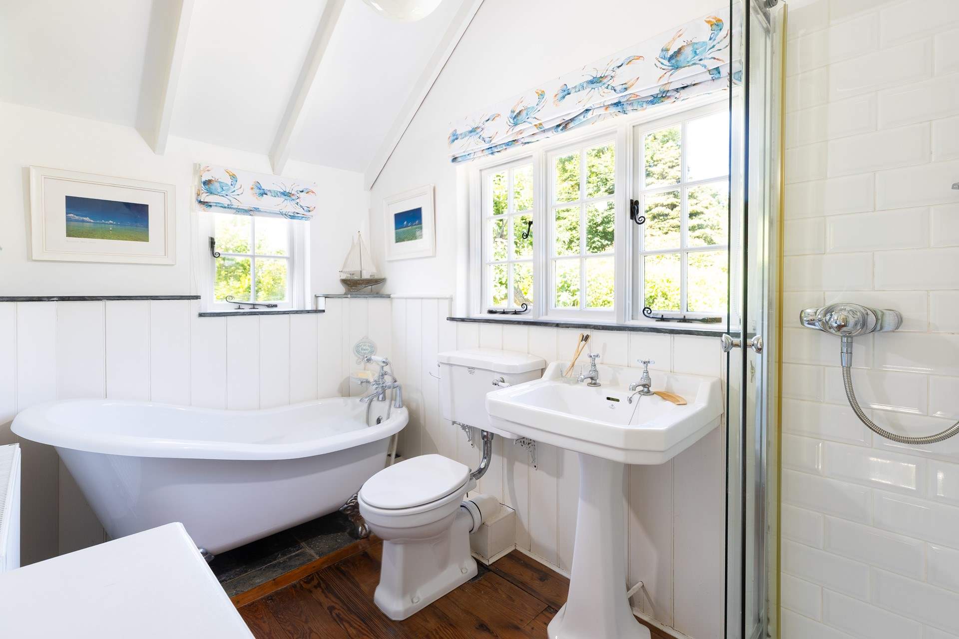 The family bathroom has a fabulous free-standing tub and a shower too. 