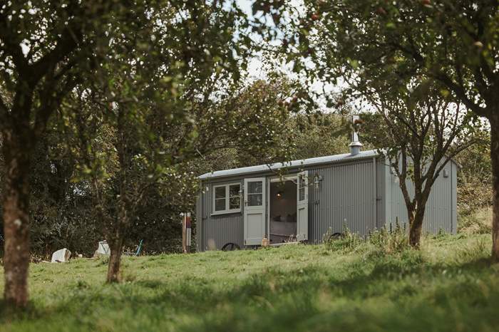 Olive is a Shepherds hut with wood-fired outdoor bathtub in South Devon.