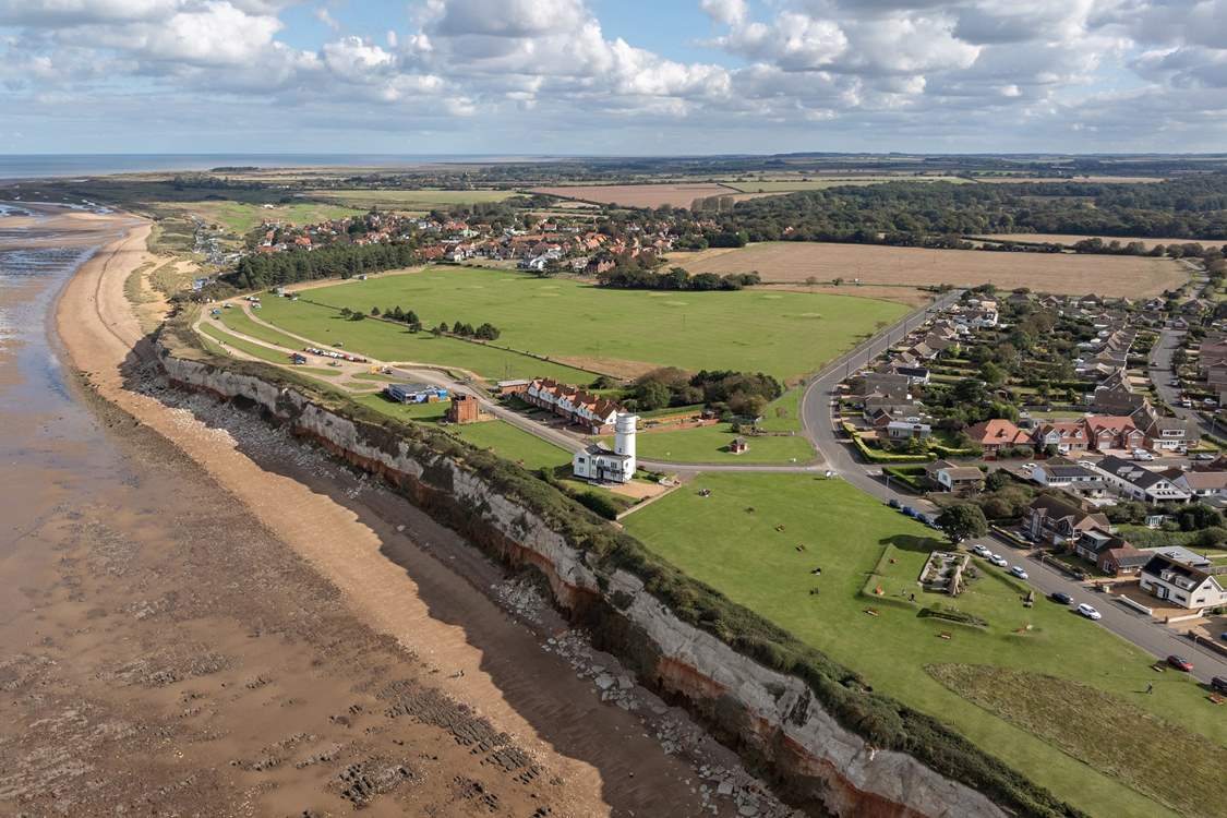 Aerial views of the iconic stripy and coastline and Old Hunstanton beach.
