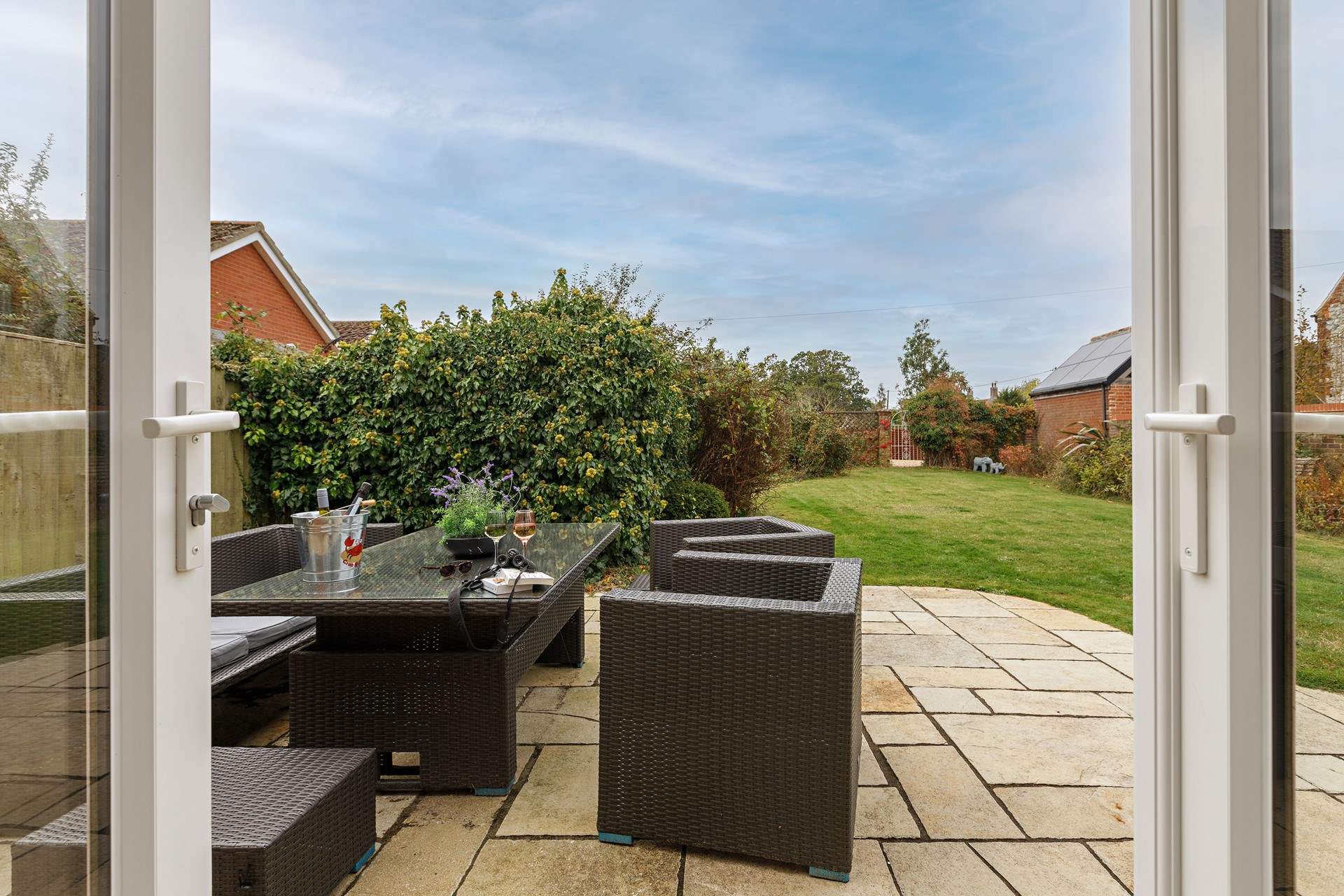 The sunny patio is perfect for al fresco dining. 