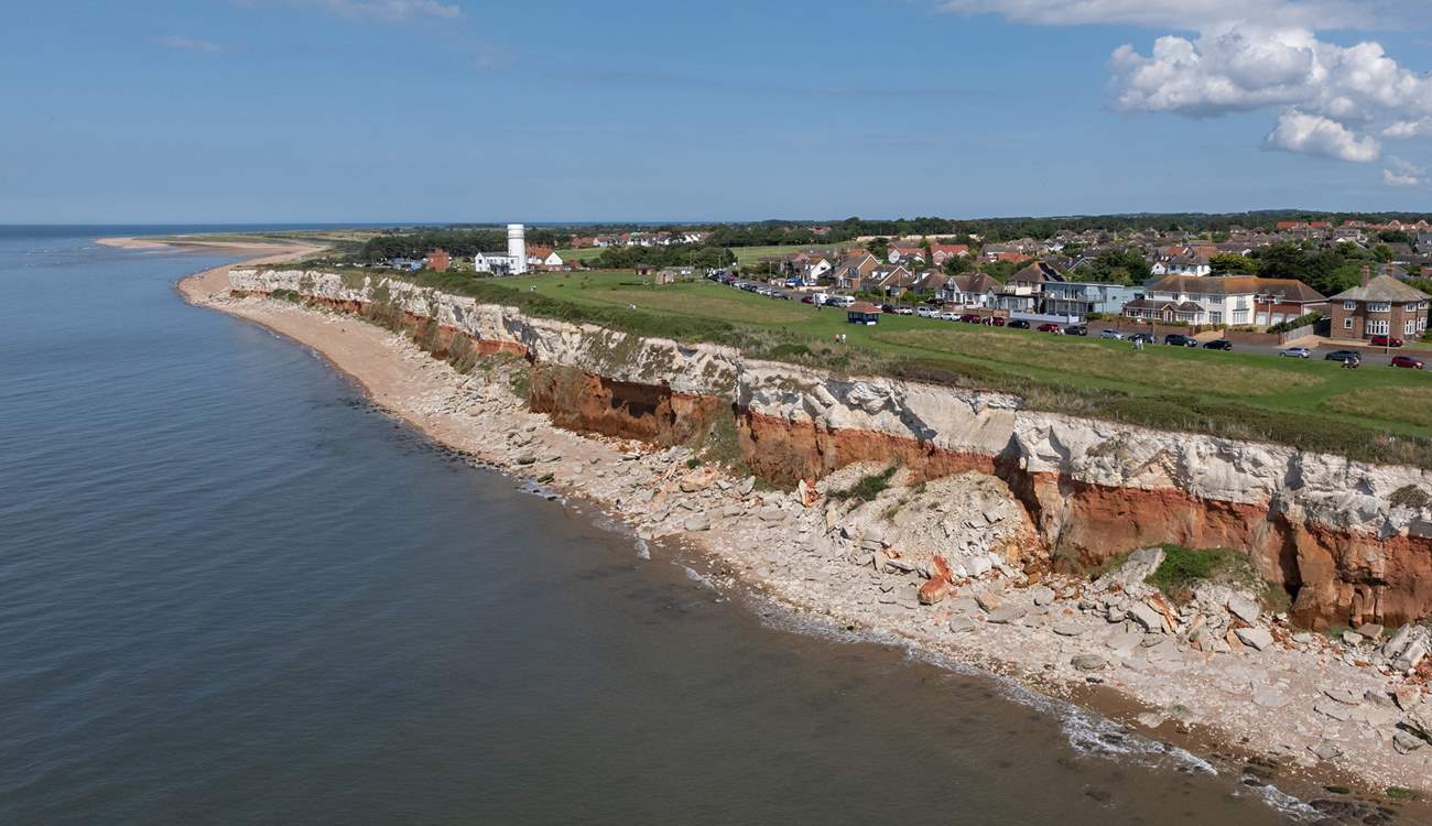 The iconic red and white striped cliffs of Hunstanton and lighthouse.