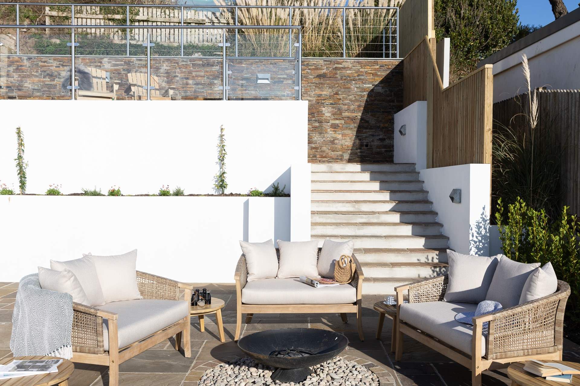 Steps lead up to the higher terraces.