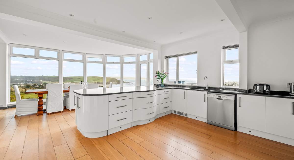 Oodles of space and work surfaces for chef to work with, not forgetting that fabulous view.