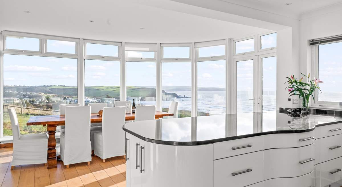 The kitchen and dining space have the most incredible views out to sea.