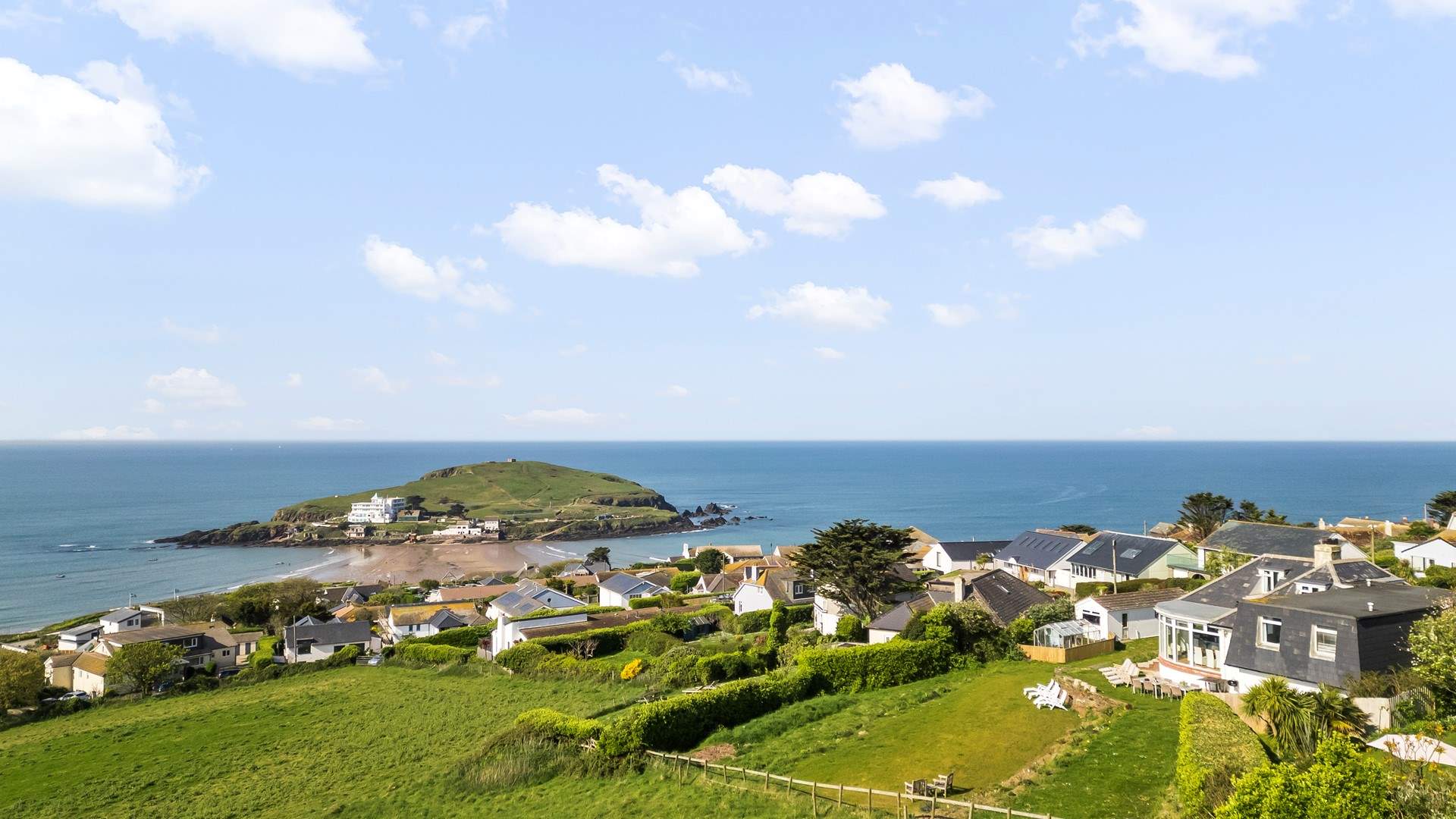 Seaview can be seen to the right of the image with Bigbury beach and Burgh Island beyond.