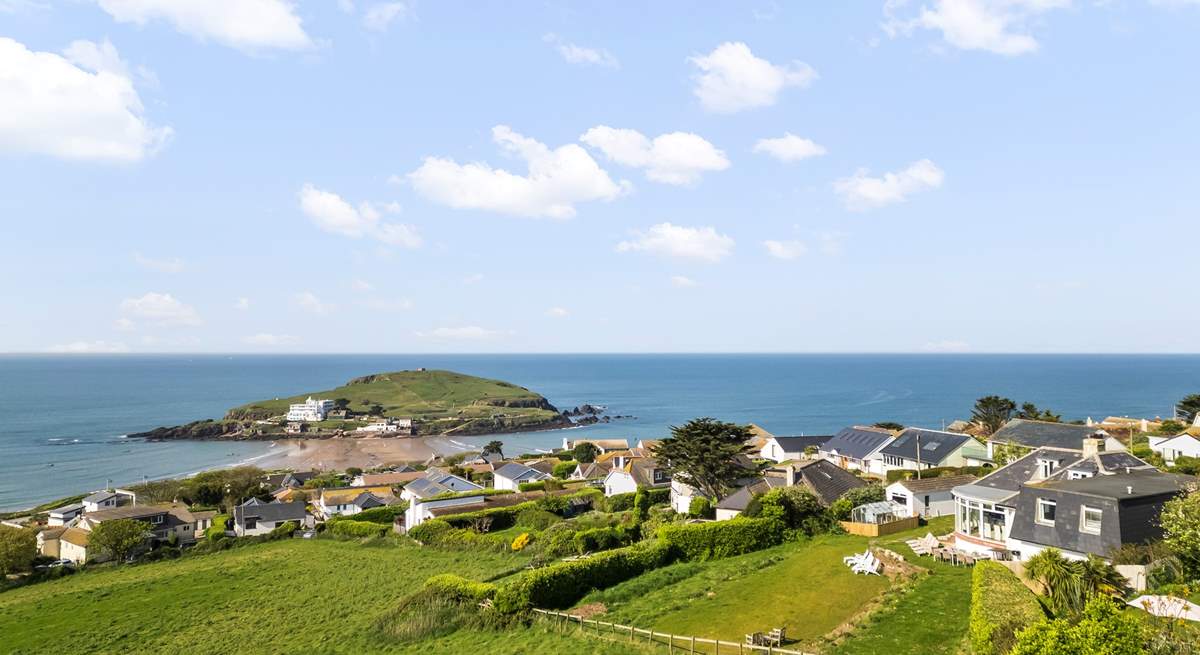 Seaview can be seen to the right of the image with Bigbury beach and Burgh Island beyond.