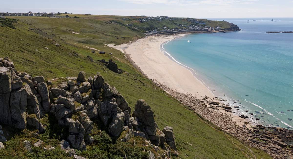 Stunning sandy Sennen cove, perfect for a day's surfing.