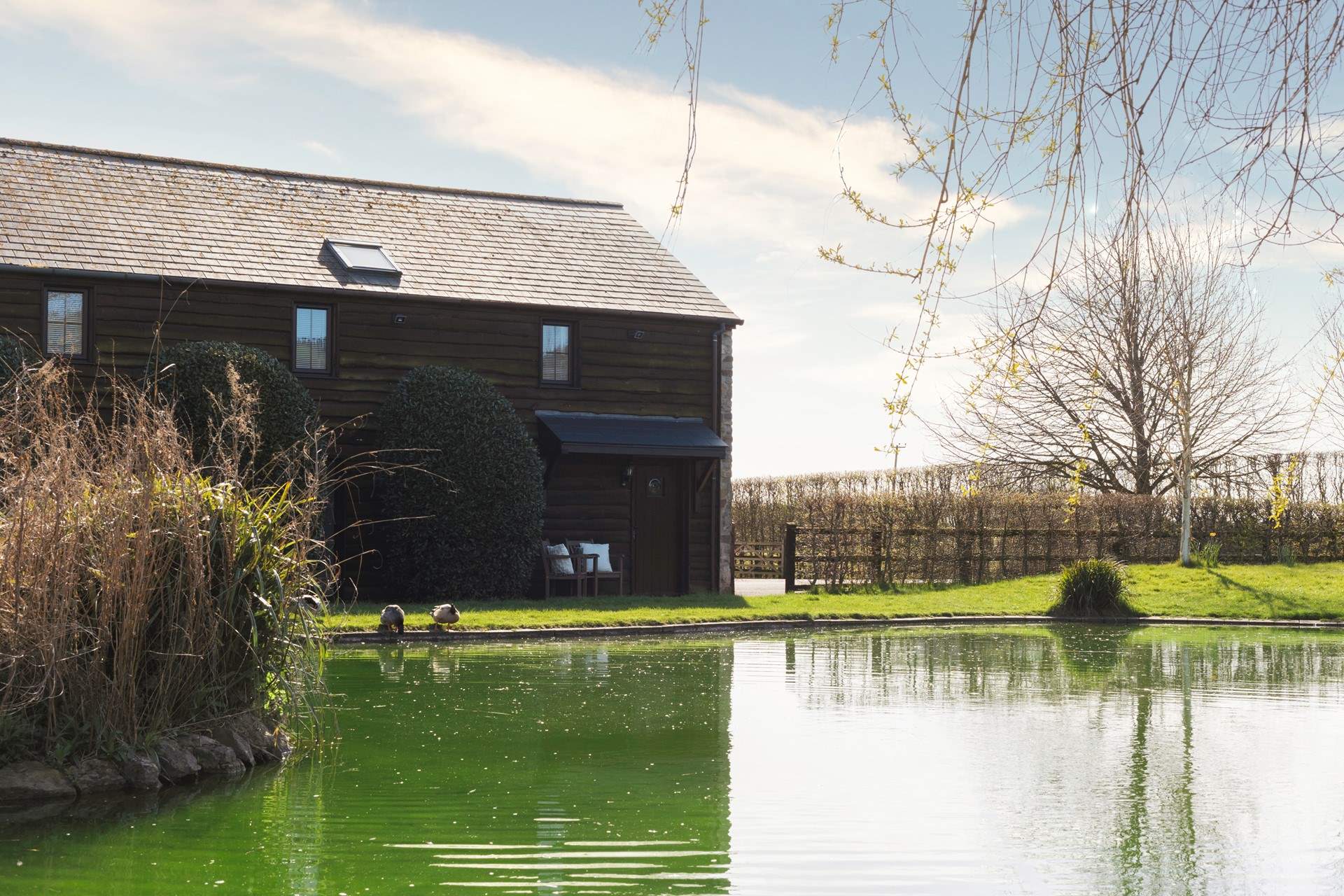 The entrance door to Orchard Barn is visible here under the porch and the parking-area is just to the right.