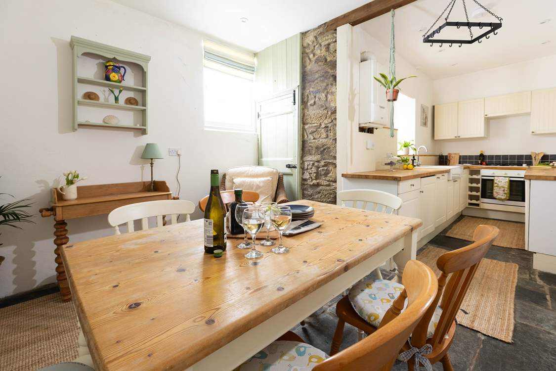 The farmhouse-style kitchen is a great place to spend time together.