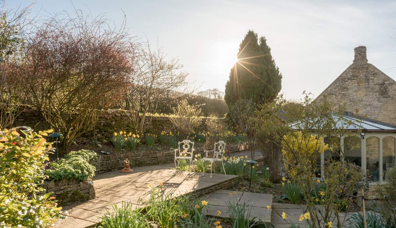Sit on the terrace in the dappled sunlight. 
