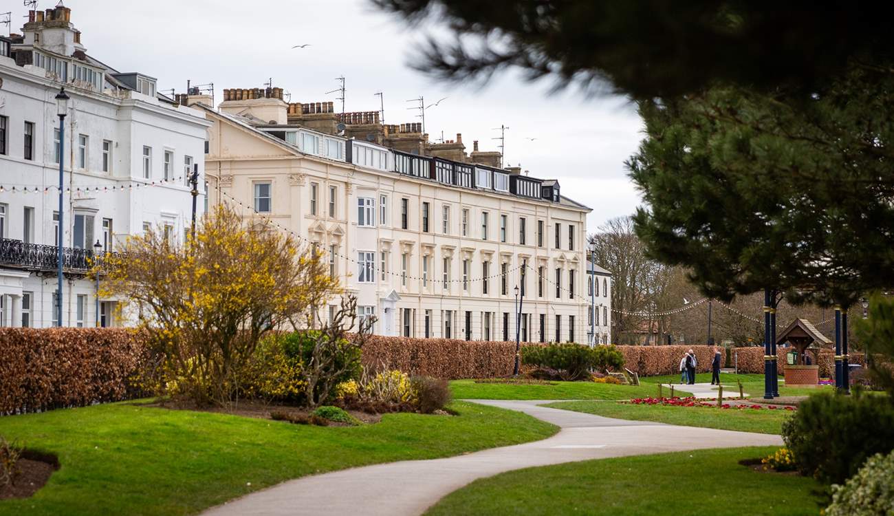 The majestic houses of Filey along the Crescent overlook the gardens and the sea.