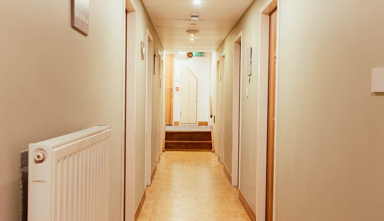 The long corridor which leads to the crews' cabins.