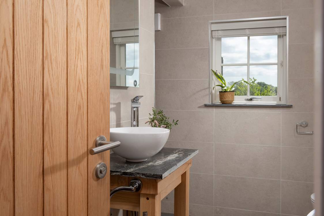 A bathroom with a view, the walk-in shower is just behind the wash-basin.