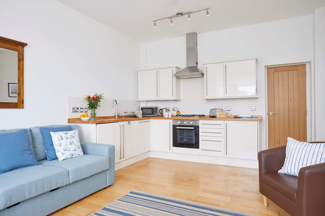 Open plan kitchen, living and dining area.