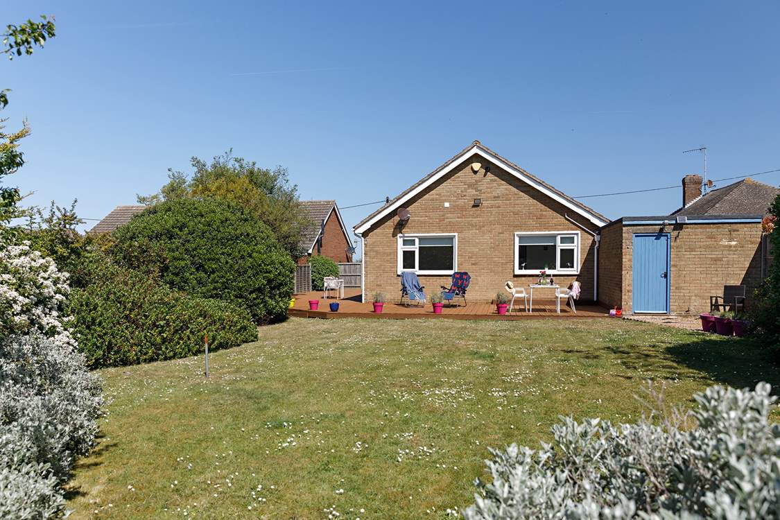 The south-facing garden with mature shrubs.