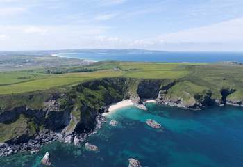 A stunning aerial view of the coastline surrounding this secluded property.