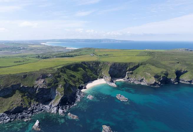 A stunning aerial view of the coastline surrounding this secluded property.