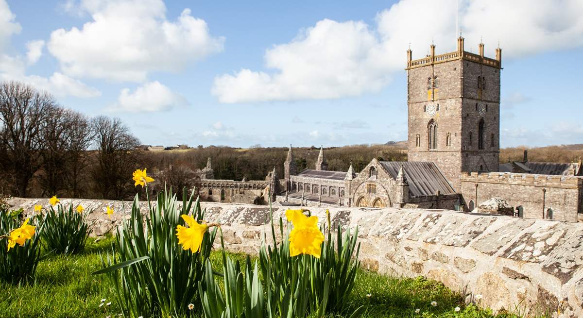 Enchanting St Davids' Cathedral.Take lunch in the Refectory Cafe. Nearby is glorious Whitesands Beach and the picturesque harbour village of Solva, with good eateries and boutique shops to browse. 