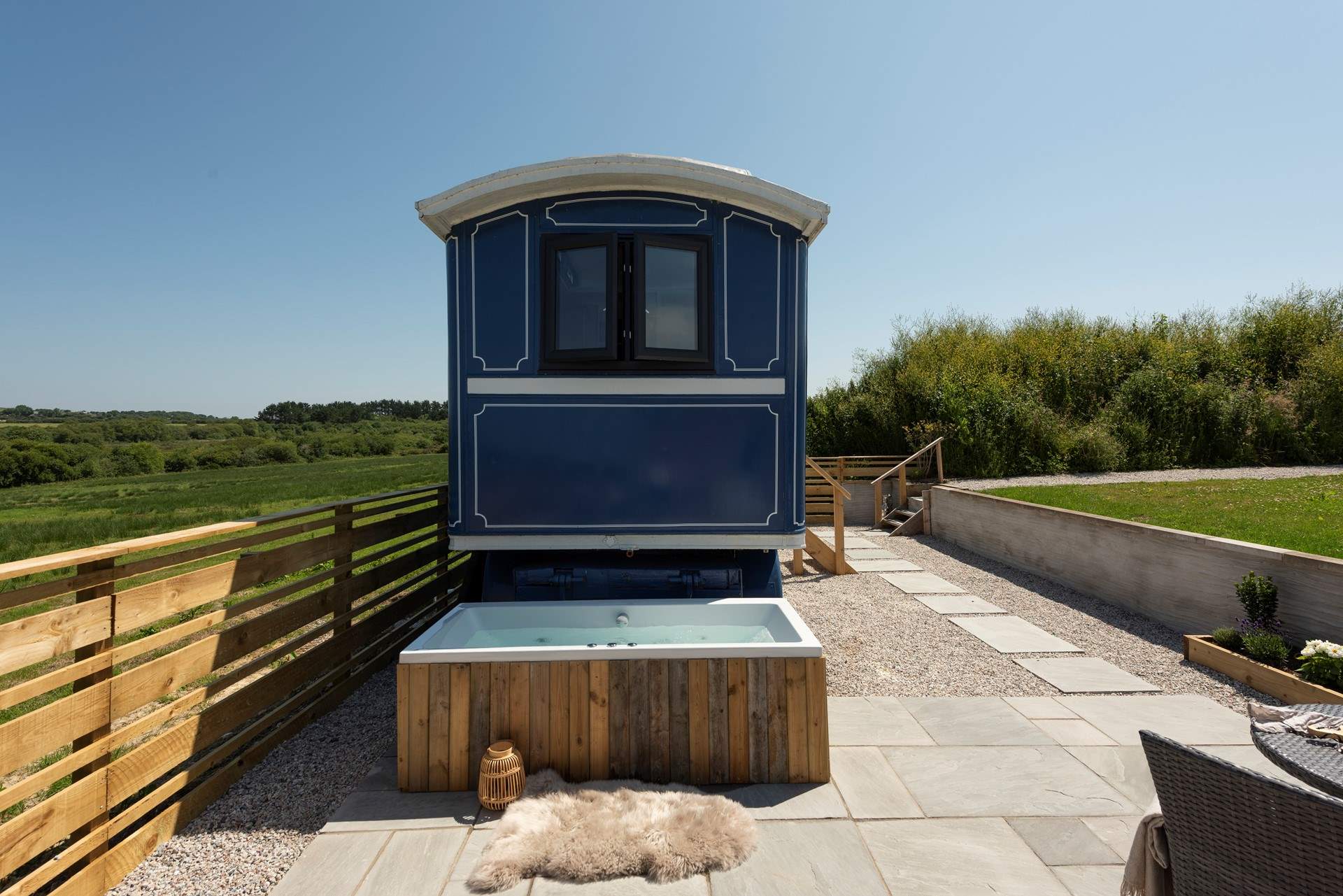 A lovingly-restored showman's wagon in the Cornish countryside.