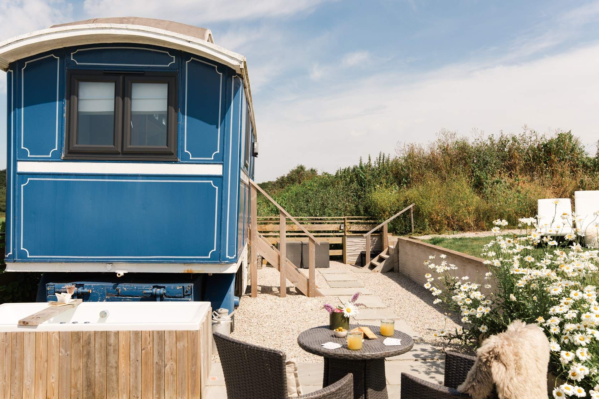 A lovingly-restored showman's wagon in the Cornish countryside.